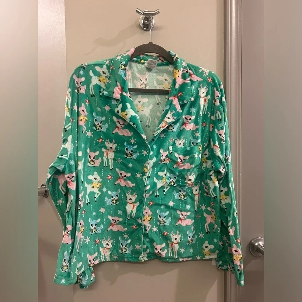 Girls XL 16-18 Holiday Pajama Top Button Down Deer Christmas Green Long Sleeve